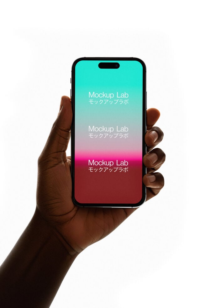 Smartphone mockup held by hand showcasing gradient screen design. Ideal for digital designers seeking customizable mobile templates. High-quality asset.
