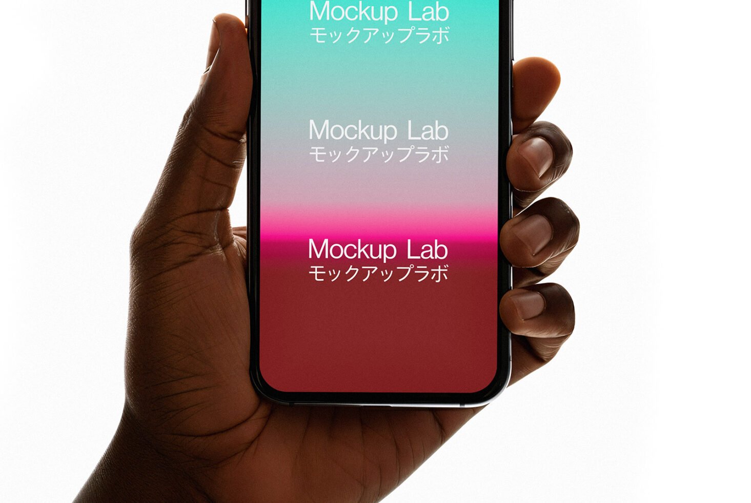 Hand holding smartphone with colorful gradient background displaying Mockup Lab text in Japanese and English. Perfect for design mockup presentations.