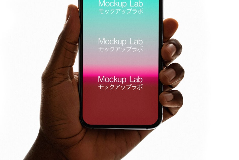 Hand holding smartphone with colorful gradient background displaying Mockup Lab text in Japanese and English. Perfect for design mockup presentations.