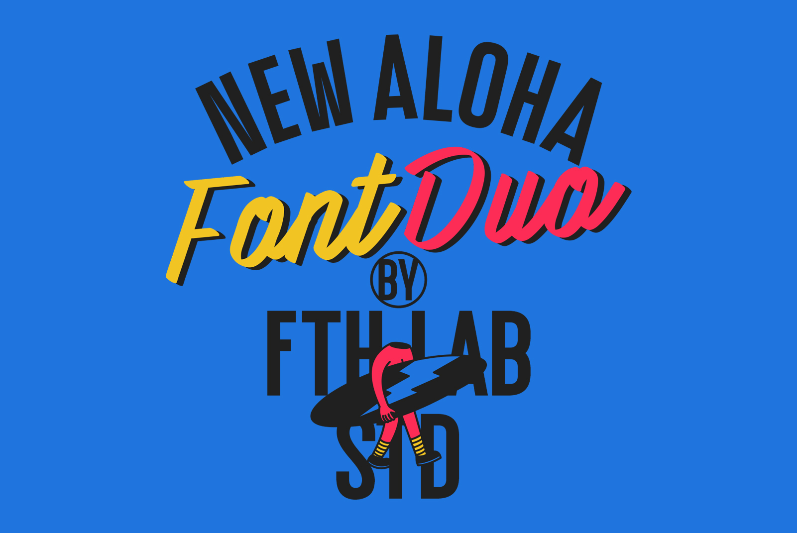 Bold and vibrant New Aloha Font Duo design in yellow and red on blue background featuring playful typography and surfing graphic. Ideal for creative designers.