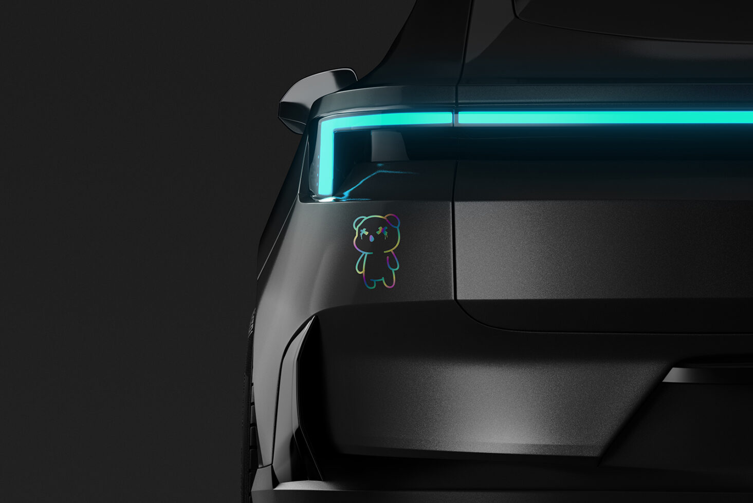 Futuristic car with neon lights and a cute holographic bear sticker on the polished black surface ideal for mockups templates digital design assets