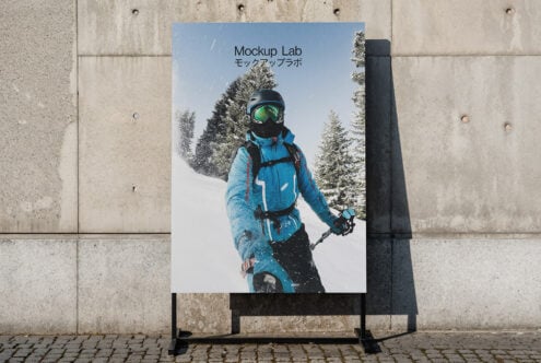 Poster mockup with snowboarding scene against concrete wall ideal for graphic designers highlighting snow sports outdoor poster design showcase.
