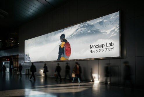 Indoor billboard mockup featuring a snowy mountain landscape and a hiker with a backpack. Ideal for showcasing outdoor advertising designs to graphic designers.