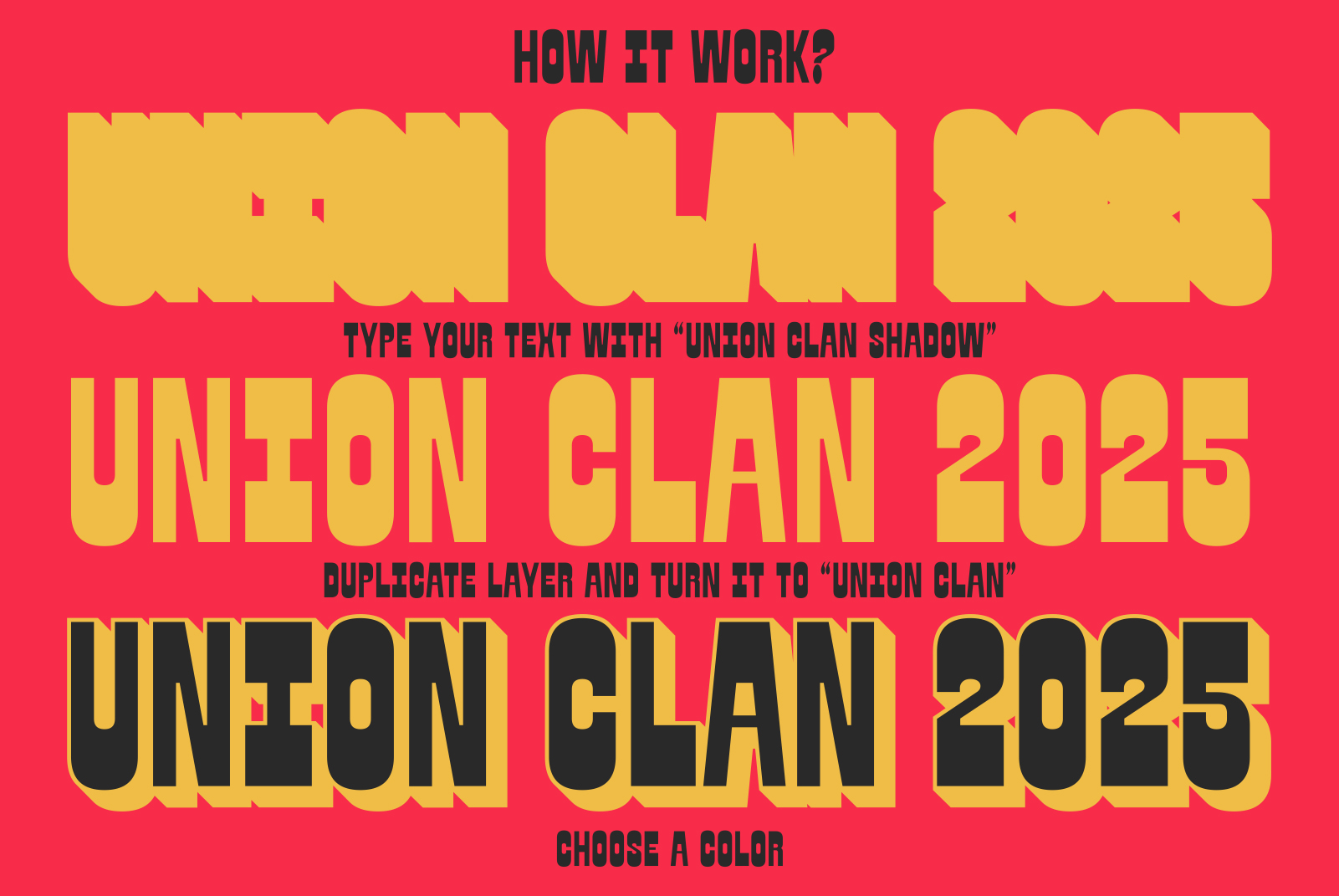 Bold vintage font design with layered shadow effect instructions for Union Clan 2025. Ideal for graphic designers seeking retro typography templates.