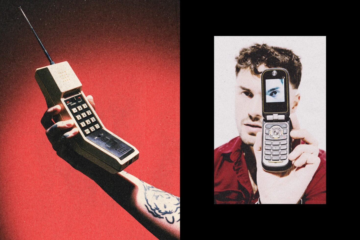 Vintage mobile phone mockup featuring a classic brick phone and flip phone held by a person on a red background Retro design asset for designers