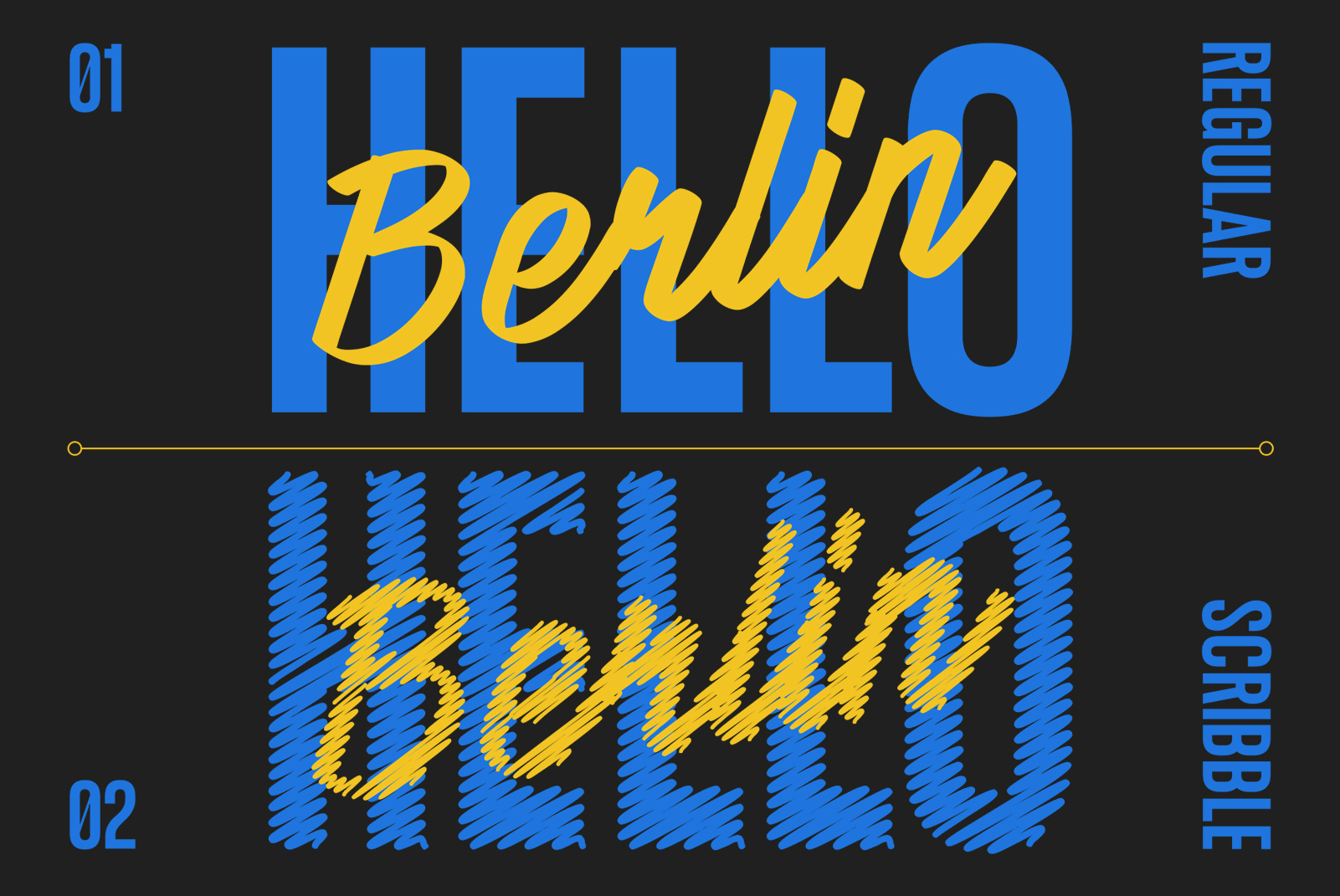 Bold and scribble font styles of the word Hello Berlin in blue and yellow. Suitable for graphic design projects and typography templates.