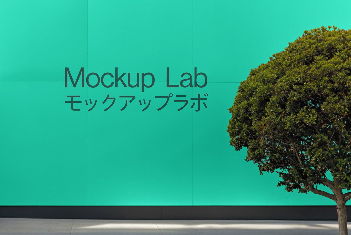 Green wall with Mockup Lab text in English and Japanese next to a tree. Ideal for design mockups and branding presentations. Graphic asset for designers.