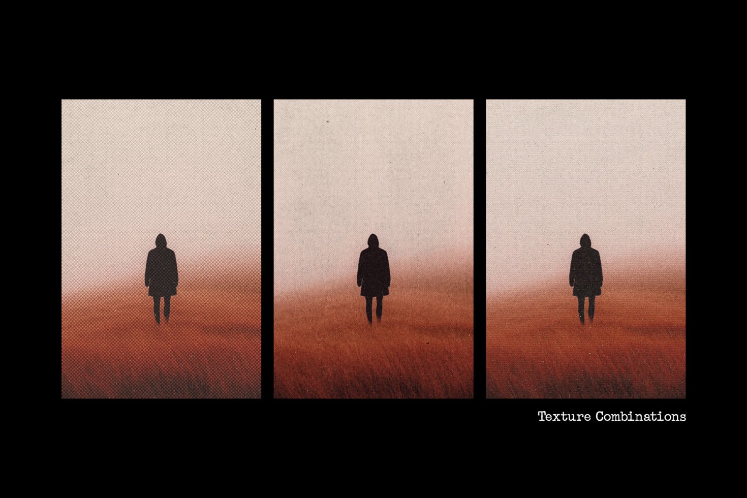Triptych silhouette artwork with textured gradient background. Ideal for designers seeking unique graphics, texture combinations, creative digital assets.
