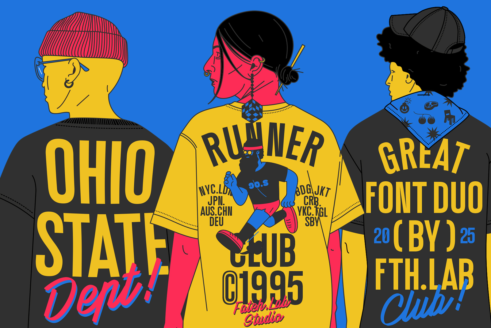 Illustrated graphic showcasing three stylish t-shirts with bold typography and vibrant colors. Perfect for designers seeking trendy font and graphic resources.