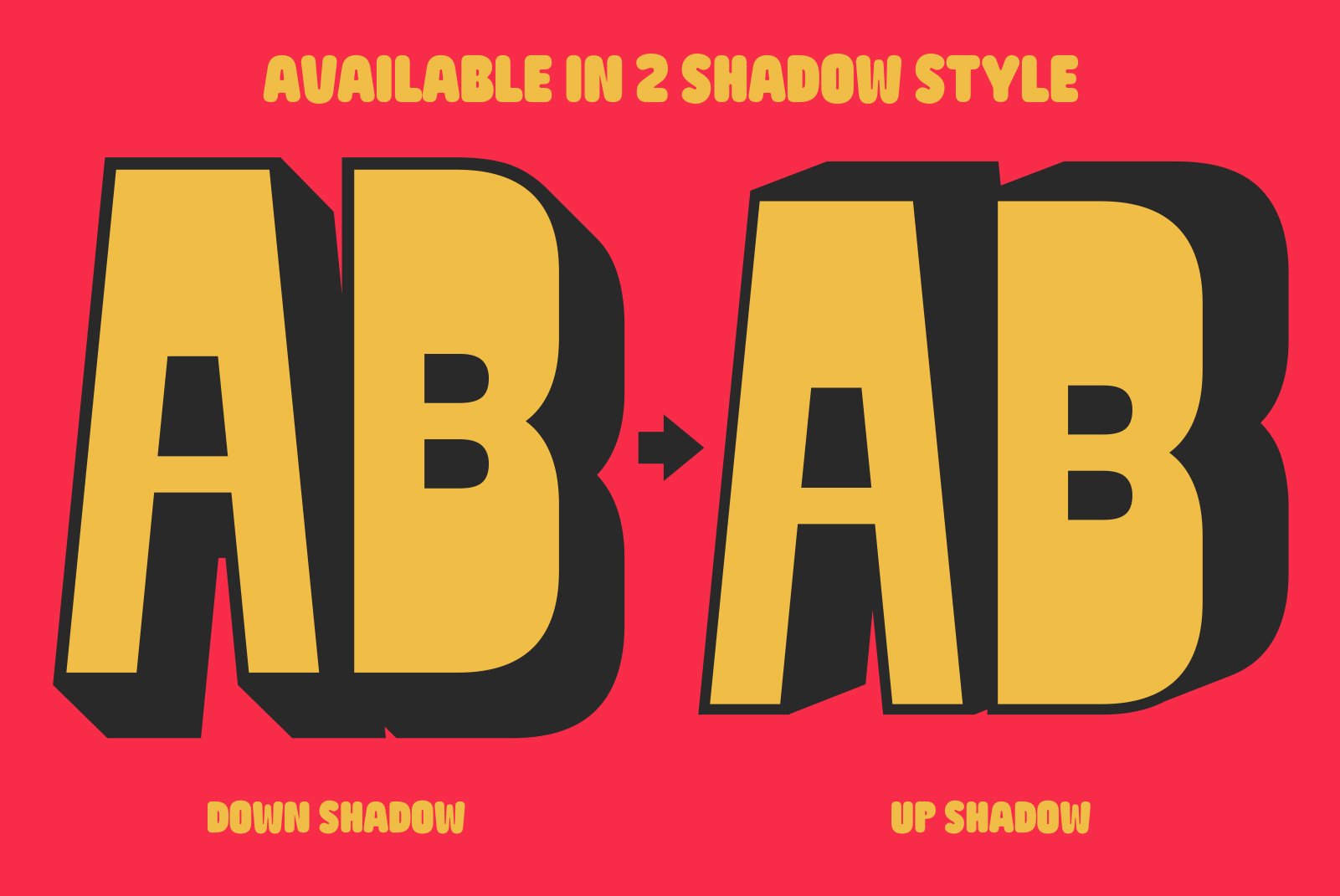 Bold font design featuring two shadow styles: down shadow and up shadow on a vibrant red background. Perfect for typography and creative design needs.