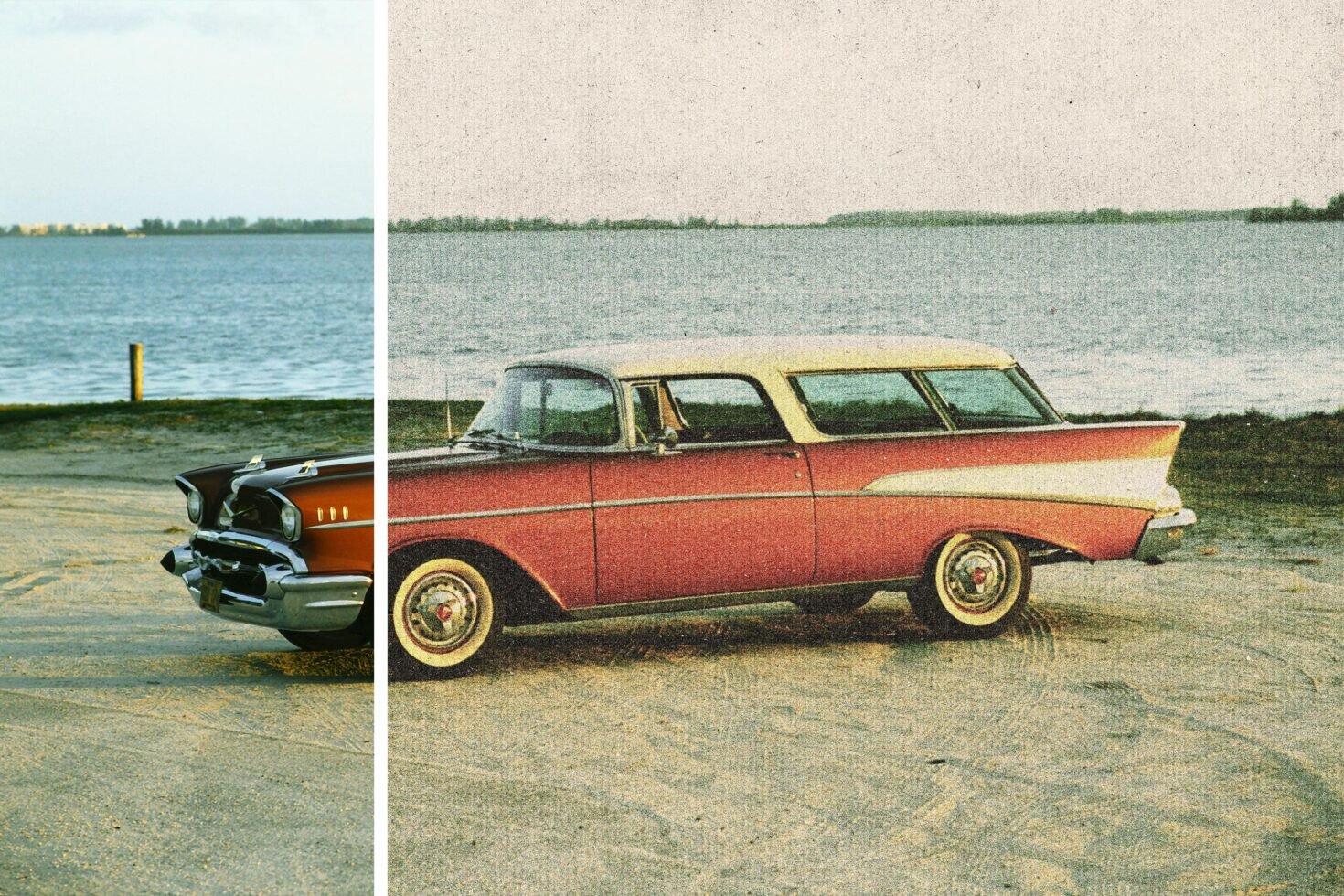 Vintage car photo effect mockup showcasing a classic vehicle by a lake. Ideal for designers seeking retro style, photo manipulation, vintage graphics.