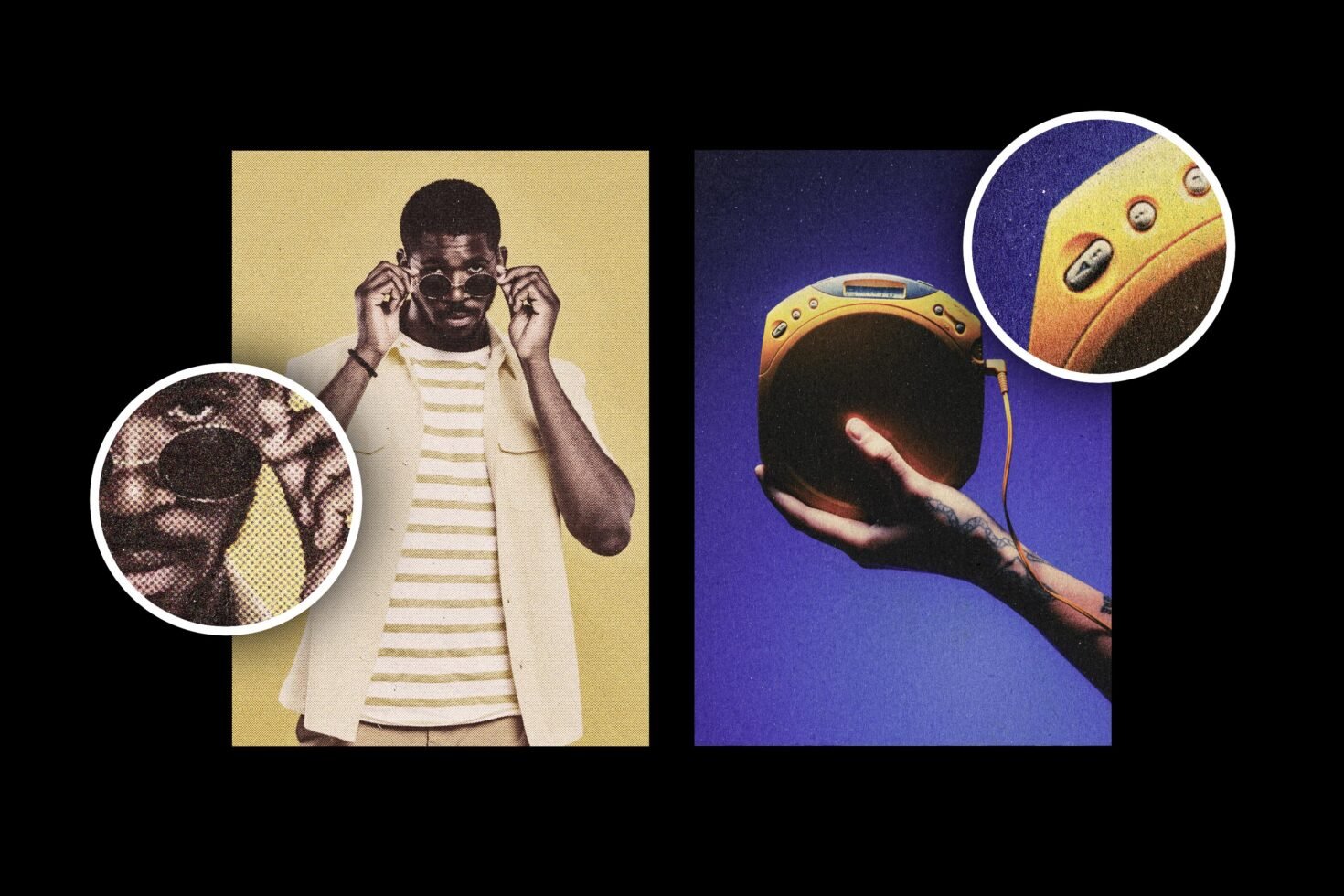 Retro photo showcases a stylish man in sunglasses and a hand holding a vintage CD player, emphasizing fashion and music nostalgia. Perfect for graphic designers.