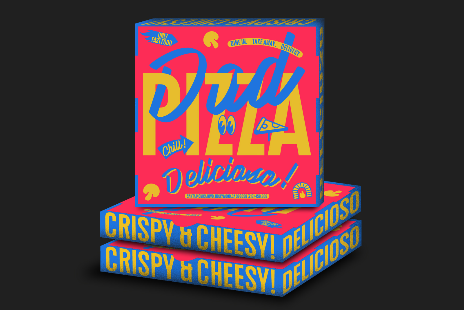 Colorful pizza box design mockup with bold typography featuring phrases crispy and cheesy in vibrant colors suitable for food packaging graphics.