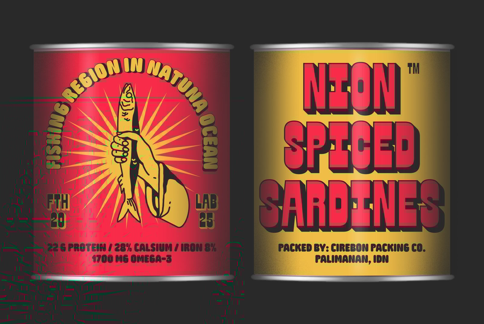 Two vibrant sardine can designs featuring bold retro fonts and art with hand holding fish. Keywords: packaging mockup, vintage design, label template, graphics.