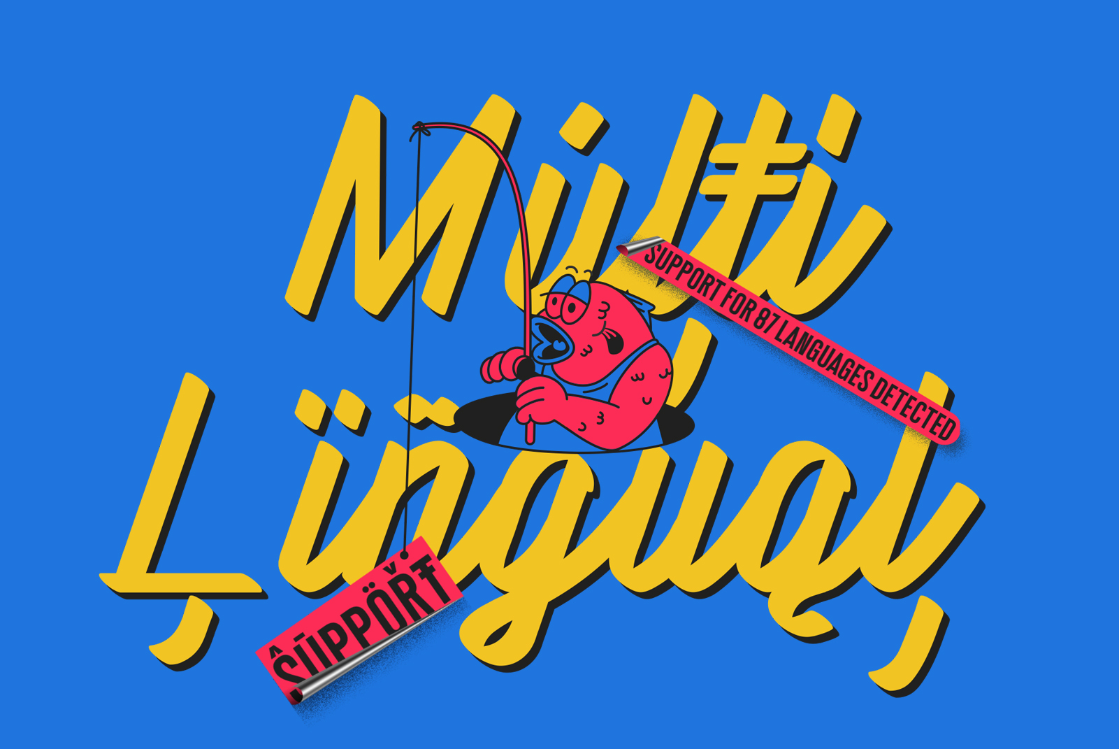 Colorful multilingual font graphic with playful cartoon character and bold text support for 87 languages. Suitable for designers seeking unique typography.