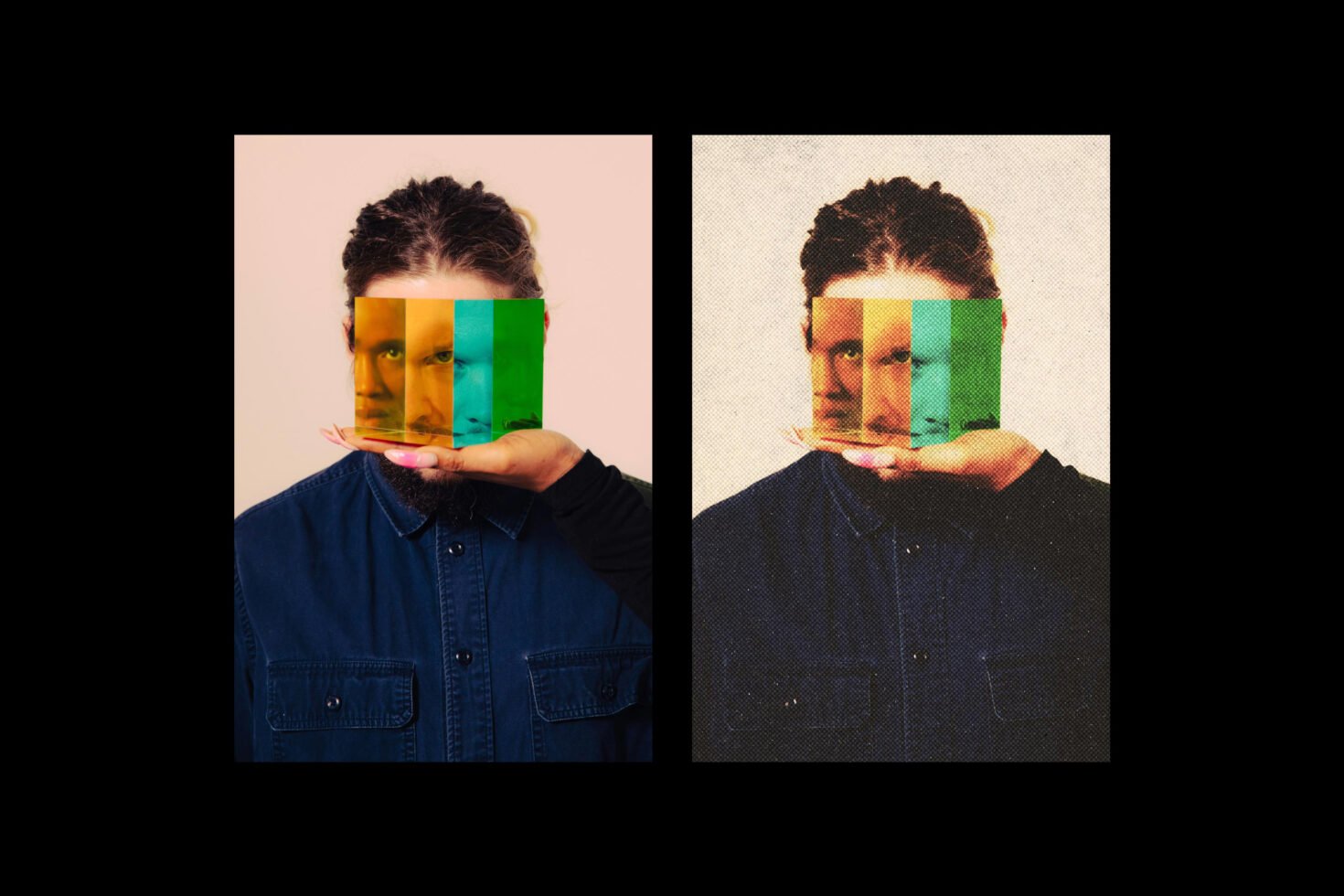 Two side-by-side portraits of a person holding a colored tint glass over the face. Vibrant and vintage photo effect. Ideal for mockups and graphic design.