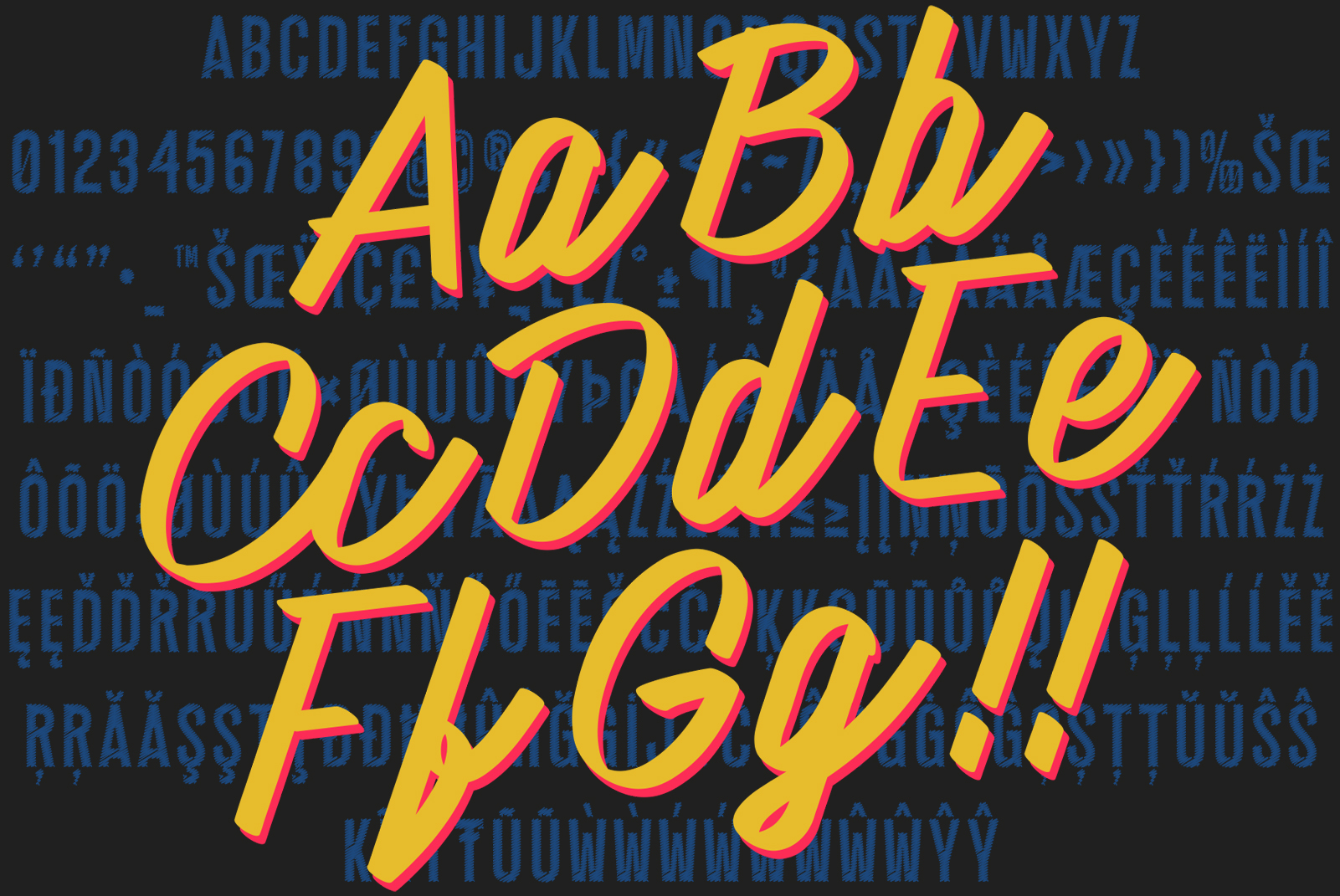 Bold, vibrant script font display with yellow letters and red shadows on a dark background featuring blue text. Perfect for creative typography projects.