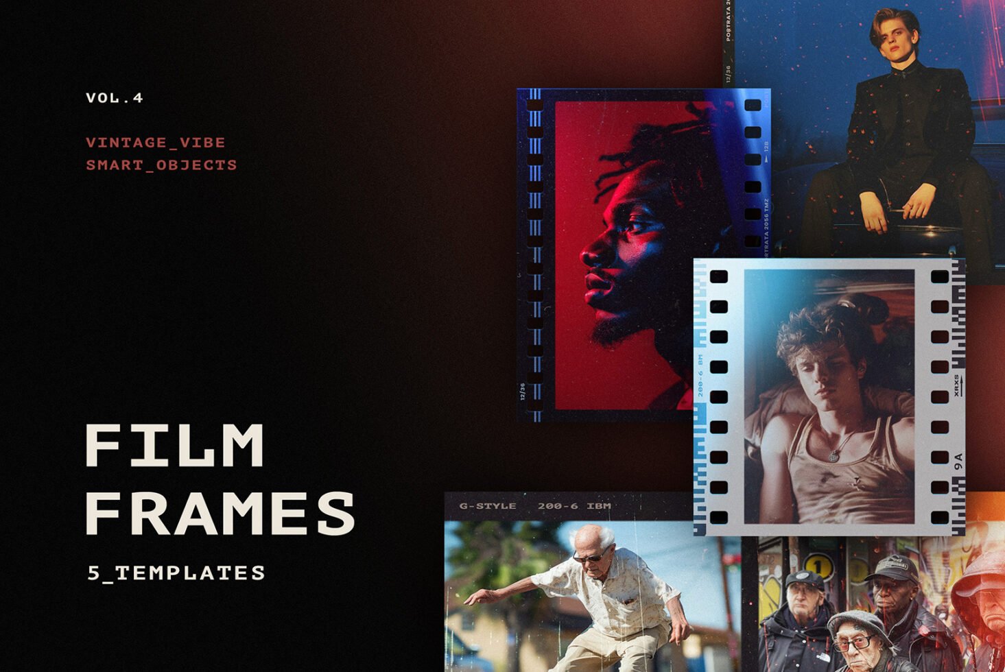 Film frames template, vintage vibe, smart objects, photography mockup for designers, includes portraits and diverse styles, Volume 4 collection.