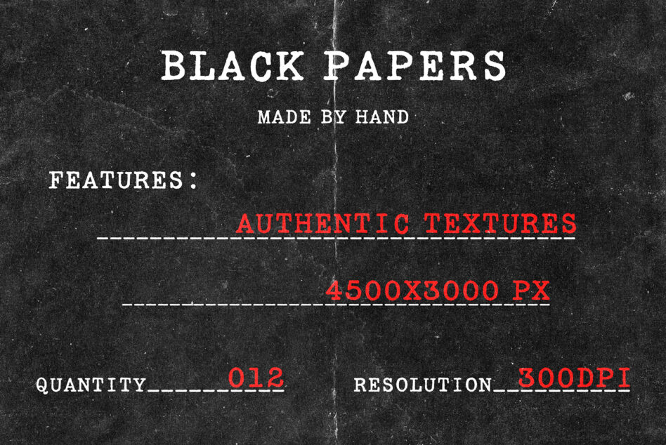 Black papers product sheet showing specs, authentic textures, 12 images