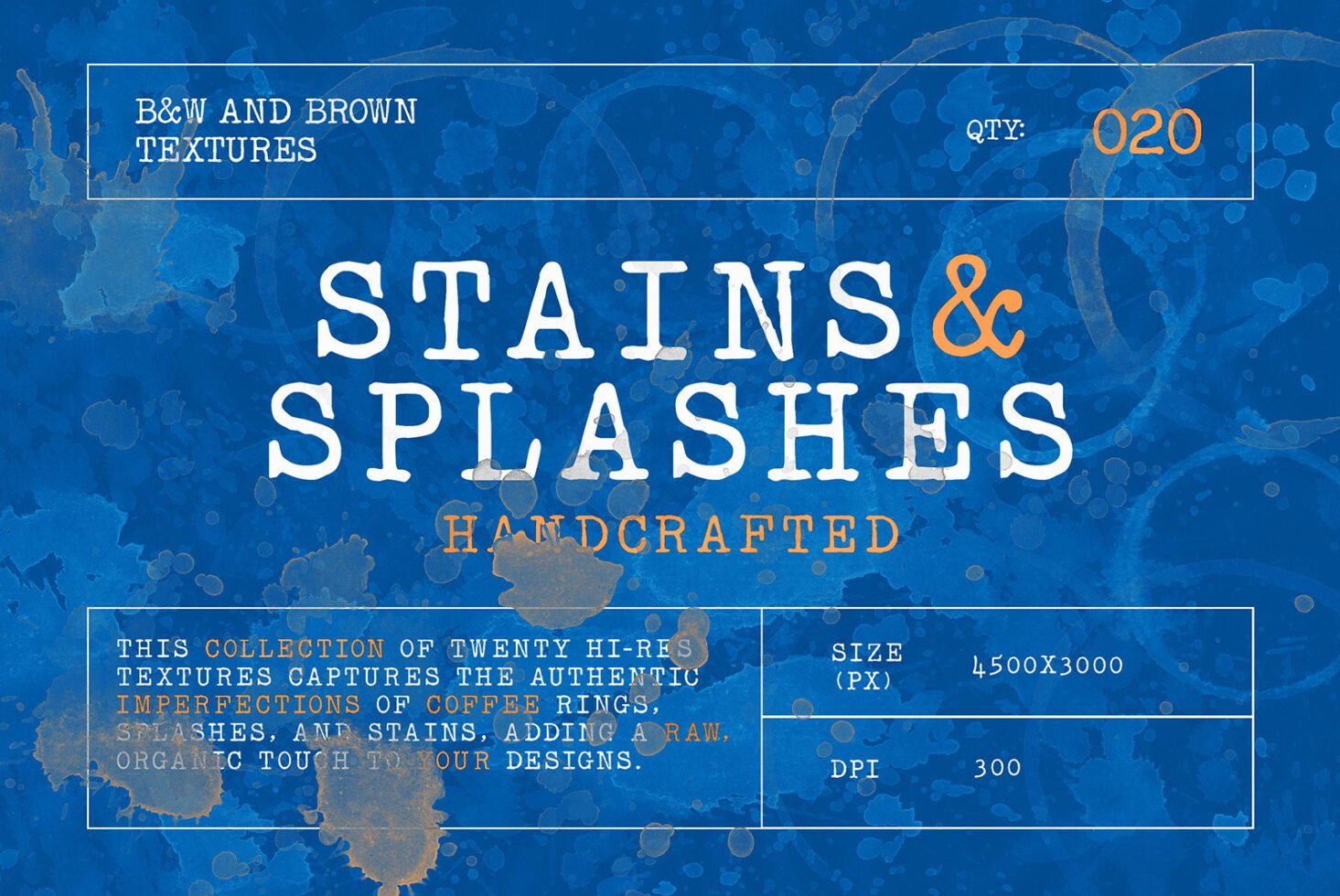 Handcrafted stains and splashes texture graphic in blue. Perfect for designers needing organic designs. Hi-res template, 4500x3000, ideal for projects.