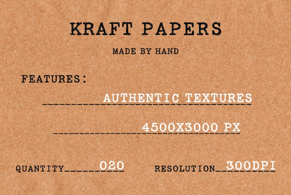Kraft paper texture with typewriter text showing paper specs, hand made, authentic textures