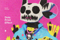 Skull with magenta body holding flags, dotted print effect texture throughout design