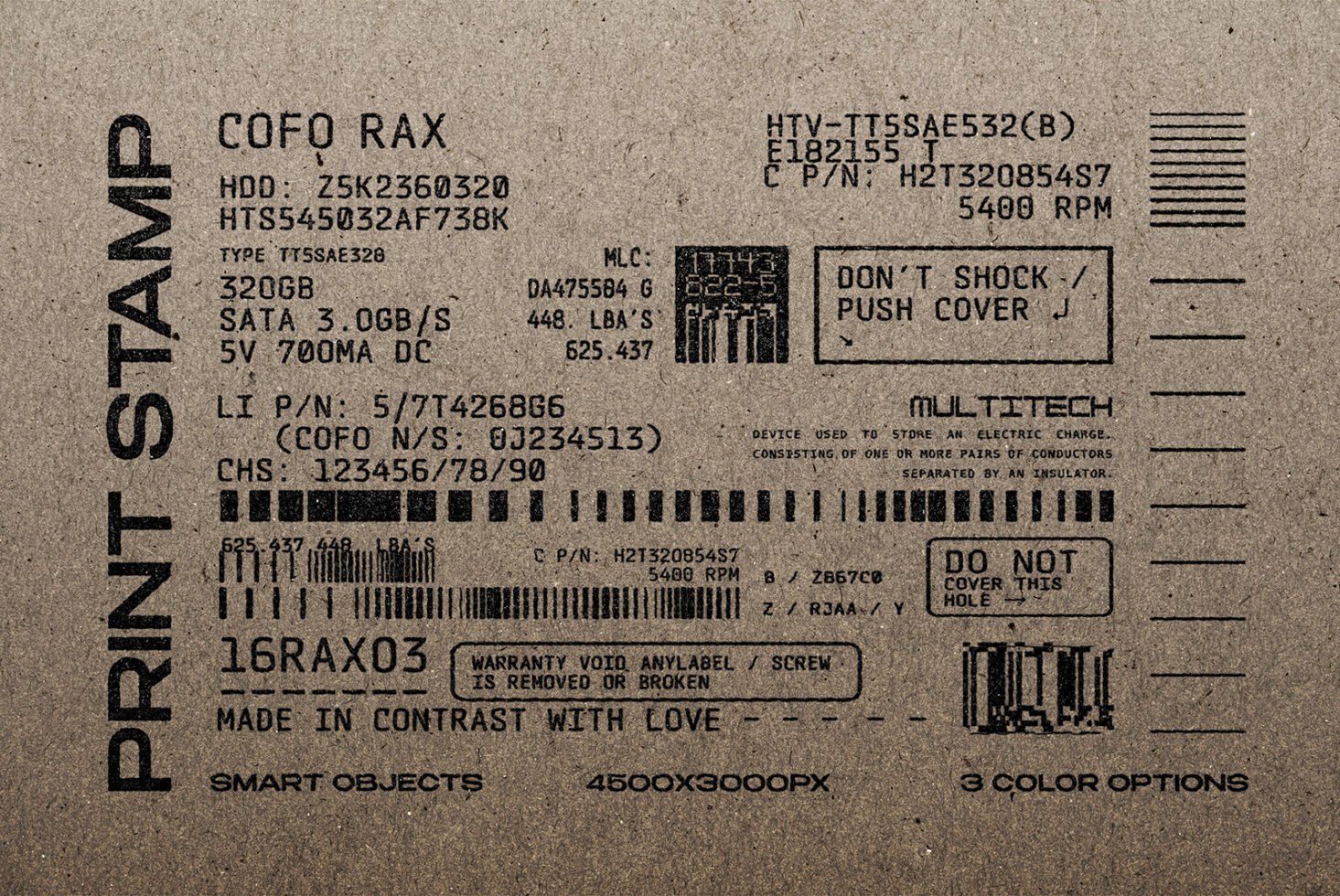 Grunge tech label mockup on textured paper with realistic HDD specs and barcode elements. Ideal for branding, packaging, industrial graphics design.