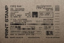Grunge tech label mockup on textured paper with realistic HDD specs and barcode elements. Ideal for branding, packaging, industrial graphics design.
