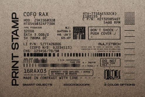 Grunge tech label mockup on textured paper with realistic HDD specs and barcode elements. Ideal for branding, packaging, industrial graphics design.