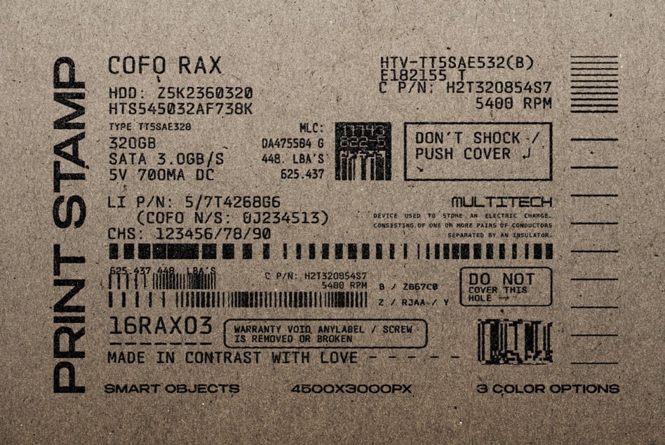 Grunge tech label mockup on textured paper with realistic HDD specs and barcode elements. Ideal for branding, packaging, industrial graphics design.