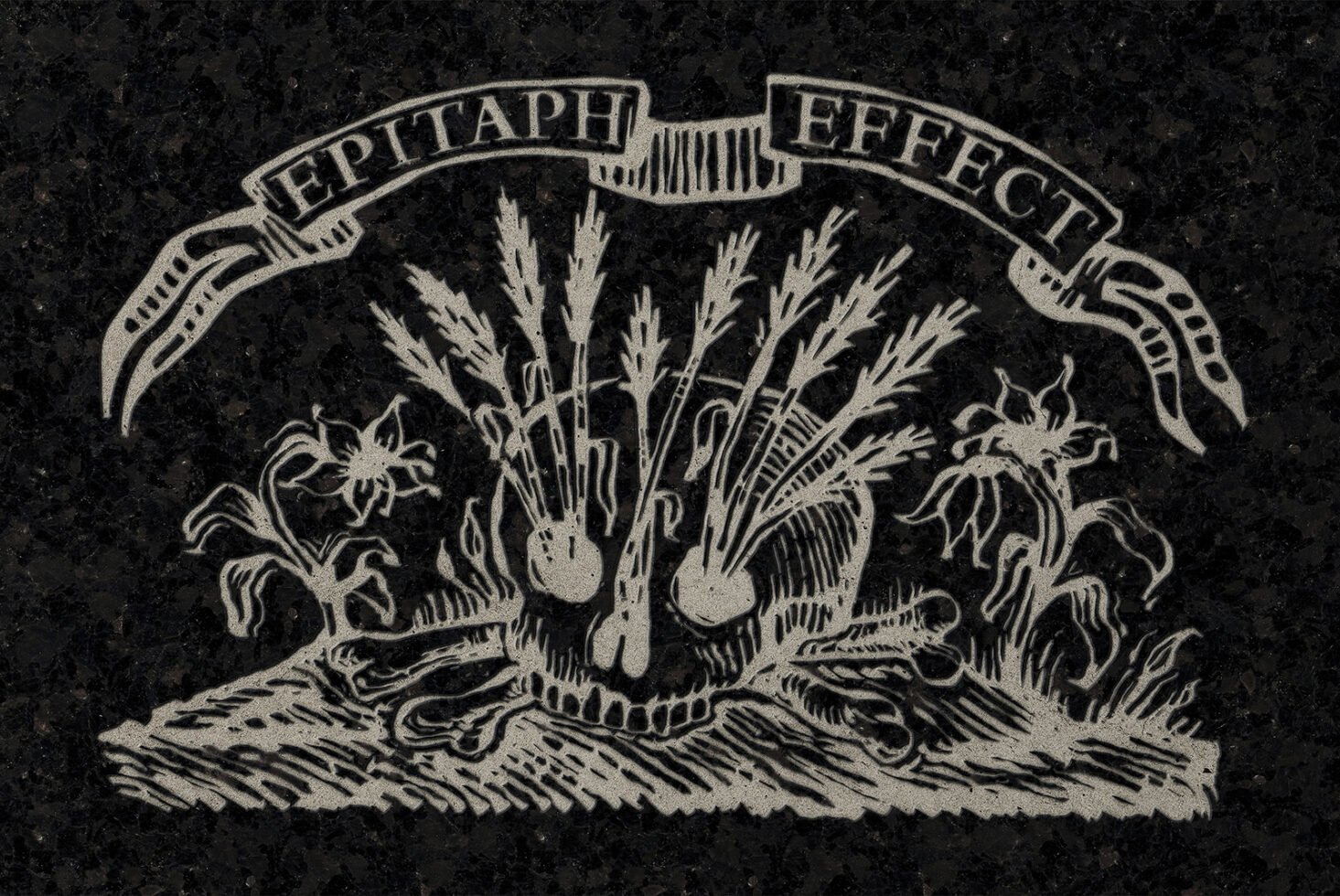Vintage engraving of a skull with plants and banner text Epitaph Effect on textured dark background suitable for graphic design projects or templates.
