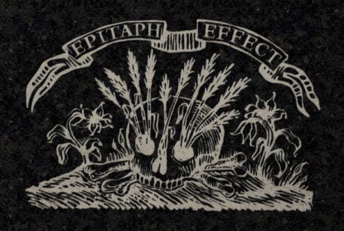 Vintage engraving of a skull with plants and banner text Epitaph Effect on textured dark background suitable for graphic design projects or templates.