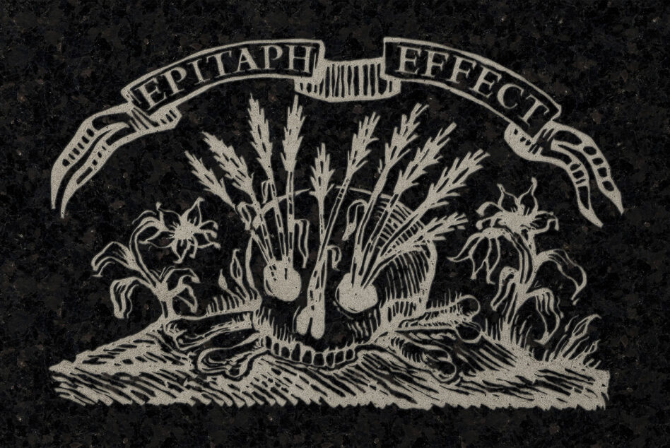 Etched skull illustration with wheat stalks, banner ribbon, vintage engraving style