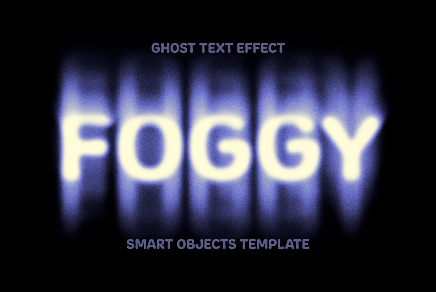 Foggy ghost text effect in blue with smart objects template on a dark background for designers seeking atmospheric typography effects and graphic resources