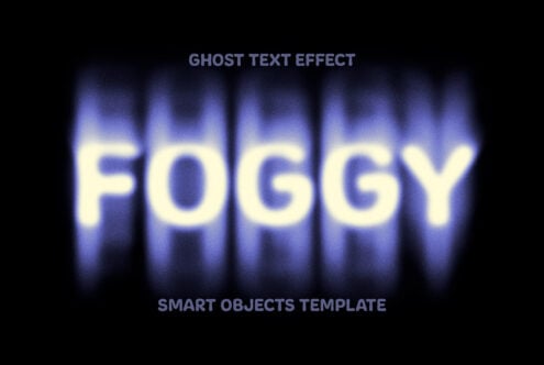 Foggy ghost text effect in blue with smart objects template on a dark background for designers seeking atmospheric typography effects and graphic resources