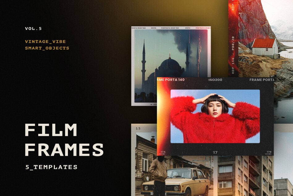 Film frame mockup collection showing vintage vibes smart objects display