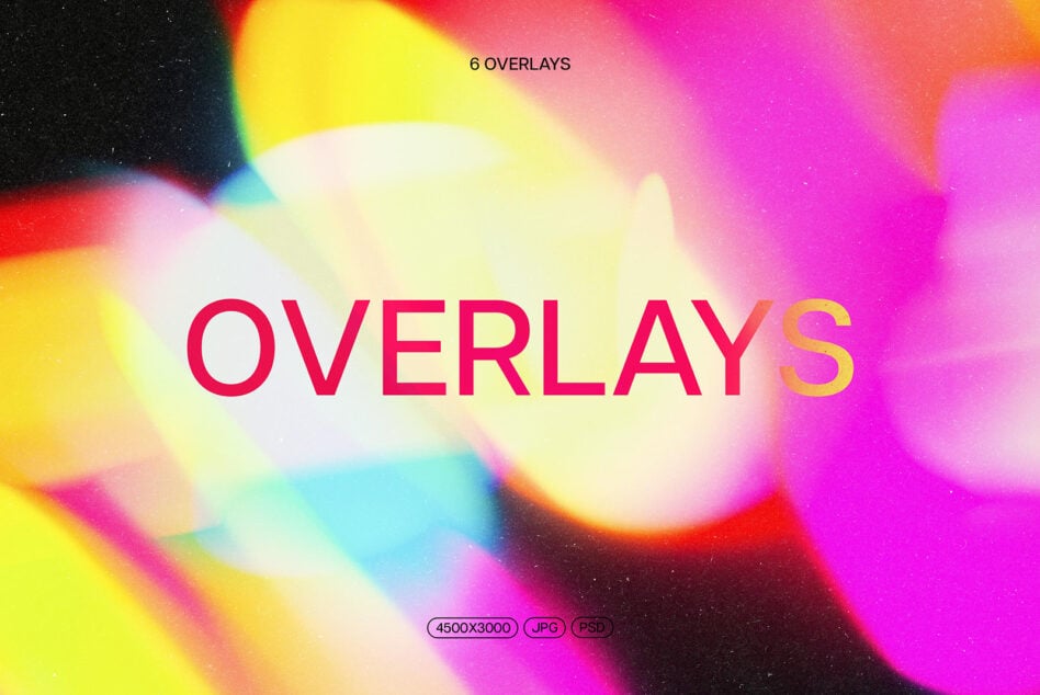 Vibrant gradient overlay effect with bold pink text reading overlays on colorful abstract background