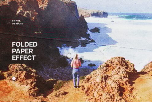 Folded paper effect on coastal scene with person standing by cliffs and ocean. Smart objects included. Perfect for graphic design projects, mockups.