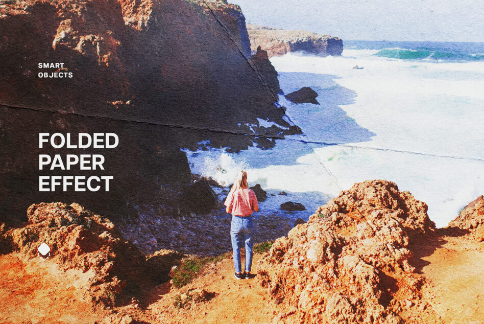 Folded paper effect overlaid on beach cliff photo with smart objects