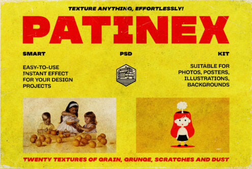 Patinex texture kit ad featuring grunge and grain effects. PSD format suitable for designers. Includes textures for photos posters illustrations backgrounds.
