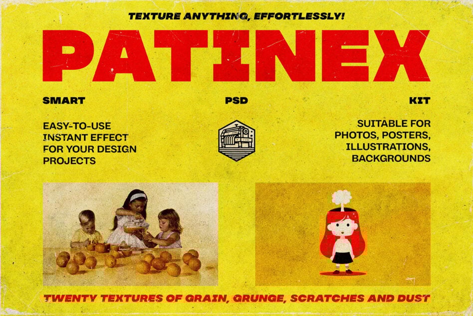 Patinex texture kit ad featuring grunge and grain effects. PSD format suitable for designers. Includes textures for photos posters illustrations backgrounds.