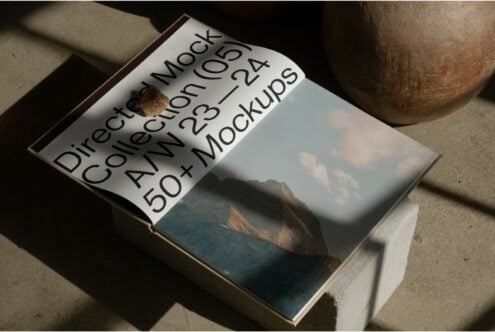 Open magazine showcasing Directed Mock Collection 05 with mountain landscape. Perfect for design mockups, templates, and creative assets.