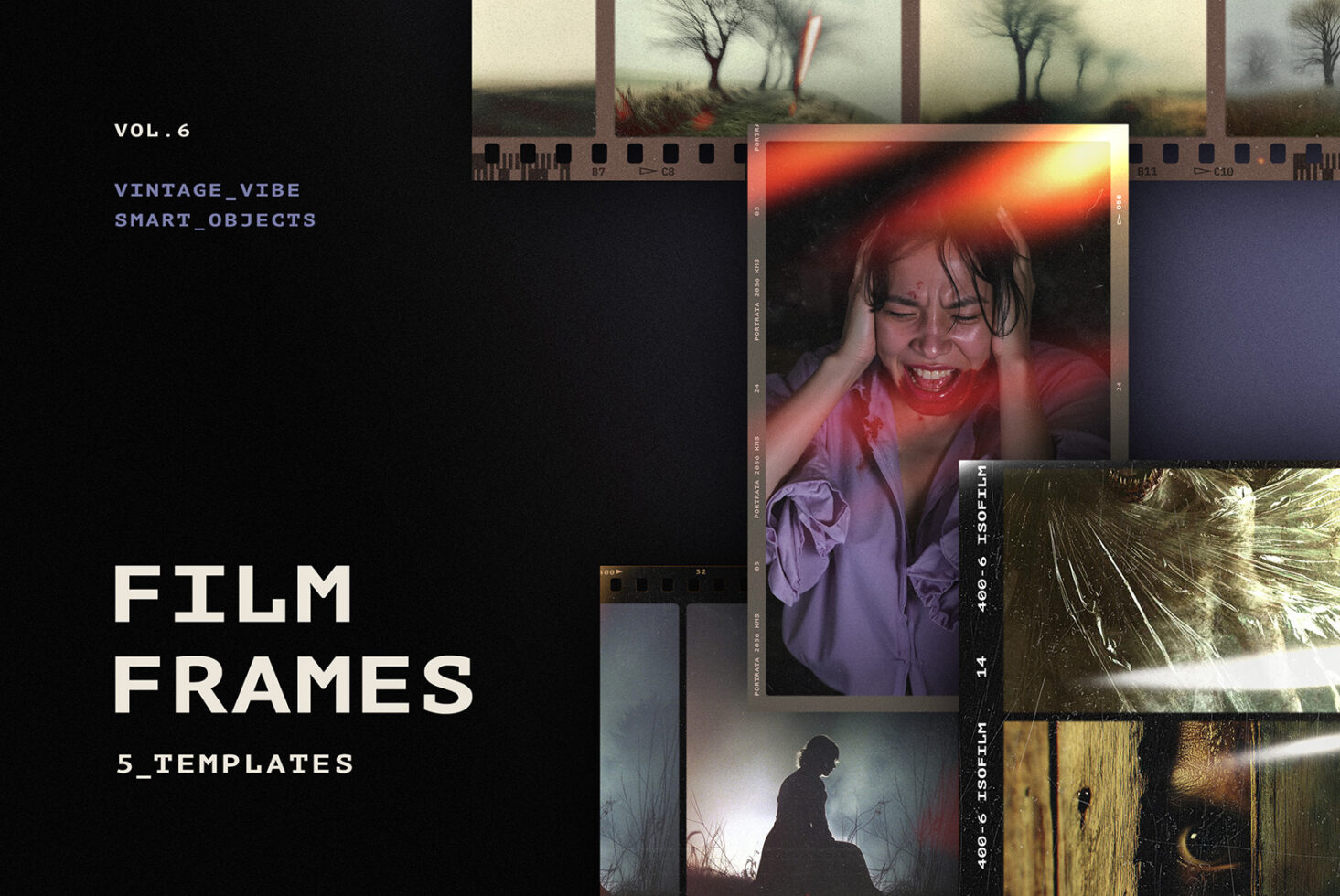Vol 6 vintage vibe smart objects showing film frame mockups with various moody scenes