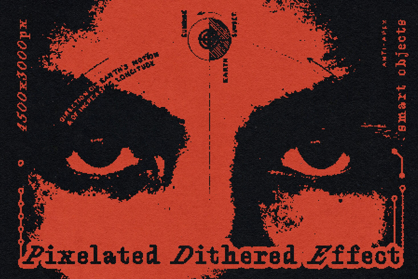 Red dithered robot face with circuit patterns, glitchy pixelated distortion effect