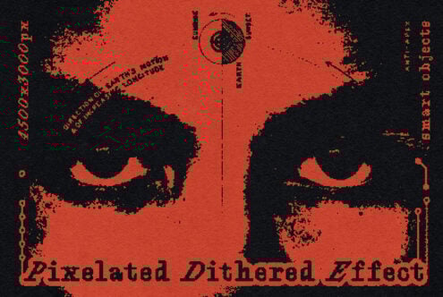 Pixelated dithered effect design template featuring grungy eyes on red background ideal for digital graphics mockups aimed at designers looking for texture.