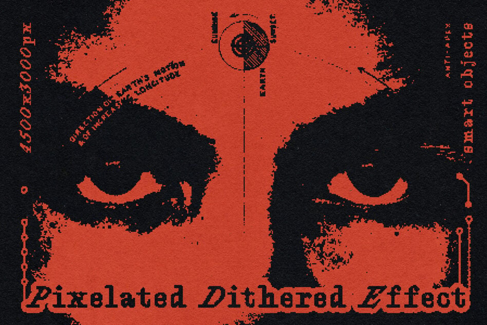 Red dithered robot face with circuit patterns, glitchy pixelated distortion effect