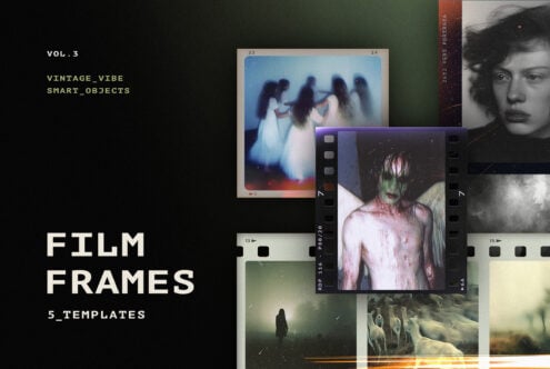 Film frames template collection Vol 3 with vintage vibe and smart objects. Dark aesthetic, creative digital assets for designers. Mockups and graphics.