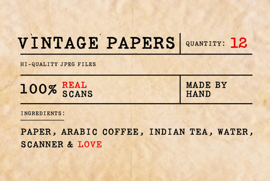 Vintage paper texture pack with typewriter text, real scans, 12 JPEG files included