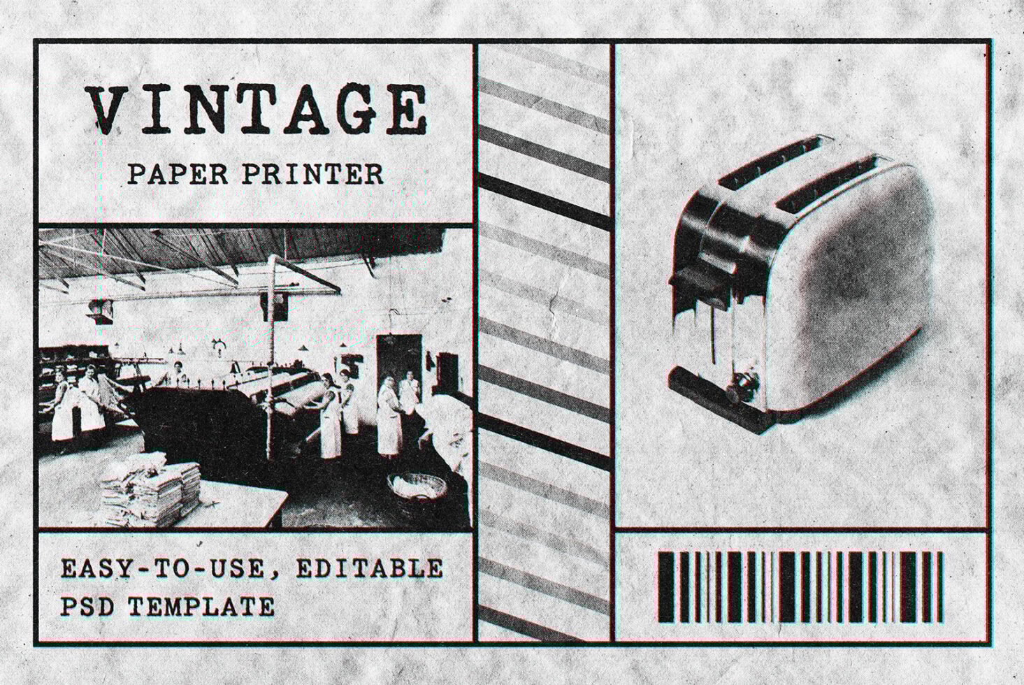 Vintage paper printer mockup template with editable PSD design elements. Ideal for graphic designers seeking retro style. Perfect for digital assets.