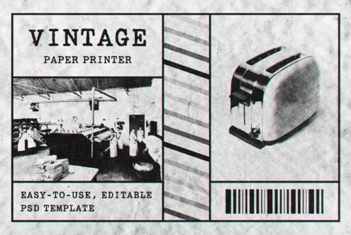 Vintage paper printer mockup template with editable PSD design elements. Ideal for graphic designers seeking retro style. Perfect for digital assets.